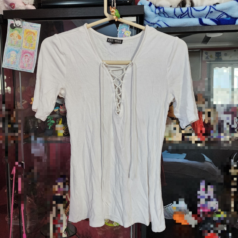Express Women's Lace-Up Ribbed 3/4 Sleeve Ivory White Top